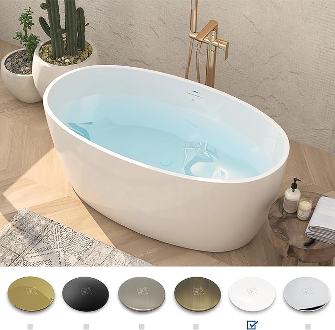 FerdY Tahiti 55" Acrylic Freestanding Bathtub, Elegant Oval Shape Soaking Bathtub, Glossy White, White Drain & Integrated Slotted Overflow Assembly Included cUPC Certified