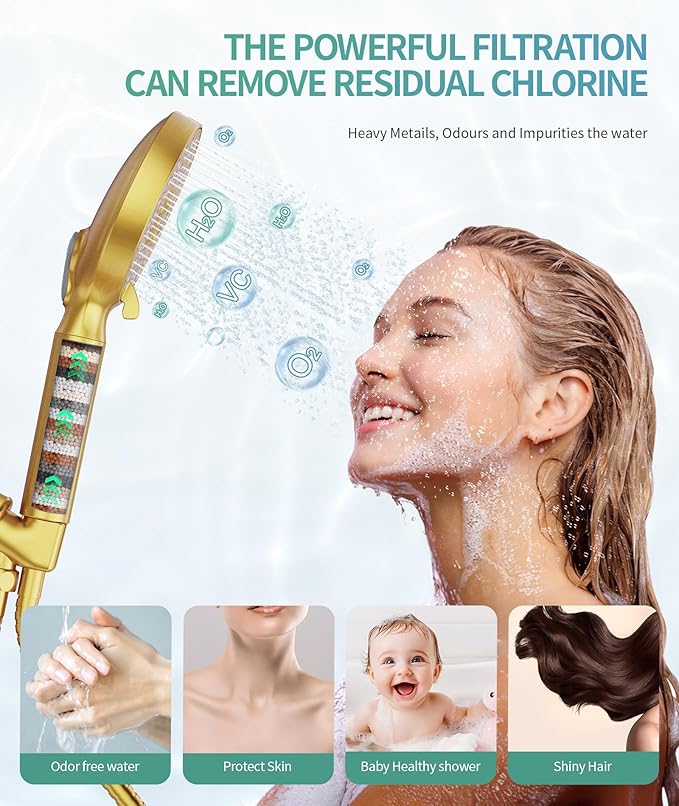 SR SUN RISE Filtered Shower Head with Handheld High Pressure 9 Spray Mode Showerhead Detachable Shower Head Water Softener Filters Beads for Hard Water Remove Chlorine 4 Filters Brushed Gold