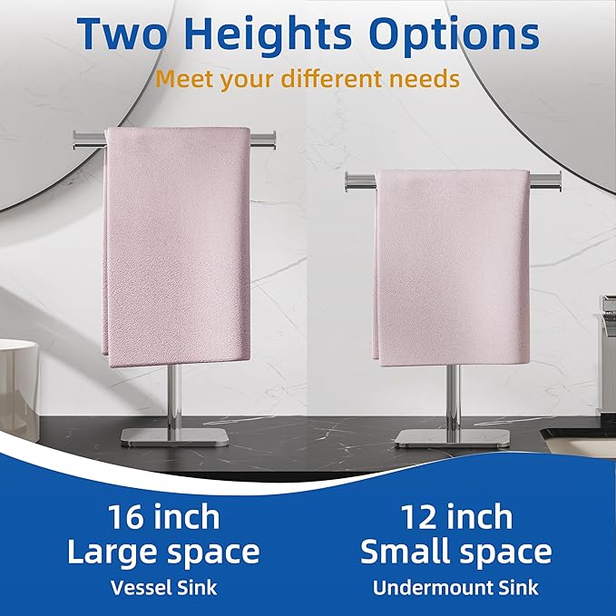 RUACQ T-Shape Hand Towel Holder Stand, Weighted Base Towel Rack, 12" Countertop Towel Holder for Bathroom, 304 Stainless Steel, Heavy Duty (Chrome, 2 Pack)