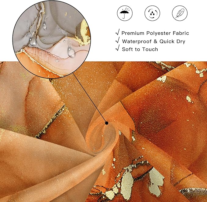 Orange Marble Shower Curtain 60x72, Burnt Orange Modern Abstract Fabric Shower Curtains for Bathroom, Luxury Art Ink Texture Watercolor Cloth Shower Curtain Set with Hooks