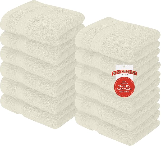 RIVERSIDE 12 Pack Premium 100% Cotton Face Washcloths, 550 GSM, 12 x 12 Inches, Soft, Absorbent Towels for Body & Shower, Bathroom Wash Clothes, Durable Face Towels Set for Spa, Gym, Cannoli Cream