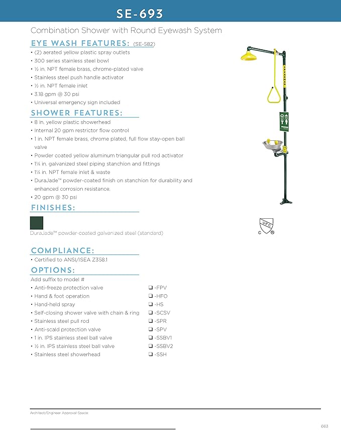 Speakman SE-693 Traditional Series Combination Emergency Eyewash and Shower Essential Safety Station, 1.25-in Stanchion, Stainless Steel Bowl