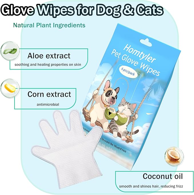 Dog Wipes Cleaning Deodorizing & Washing Gloves for Pets,Glove Wipes Pro for Dogs & Cats with Coconut Oil, Extra-Thick,Lick-Safe for Paws,Eyes,Ears&Body,Rinse-Free Waterless Bath, 4Pack,24PCS