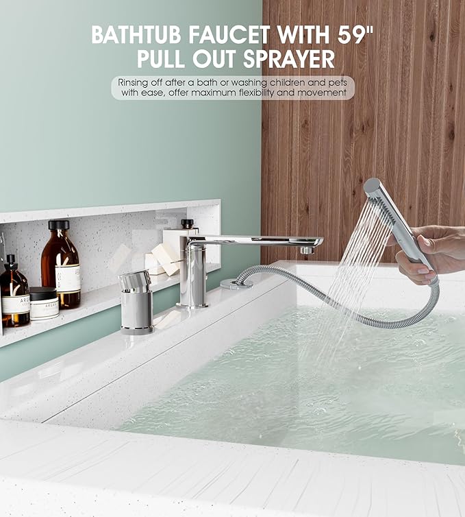 Modern Chrome Roman Tub Faucet with 360° Rotated Spout, Deck Mount Bathtub Faucet with Hand Shower, Widespread 3 Holes Bath Tub Filler Faucet Rough In Valve Included (Chrome)