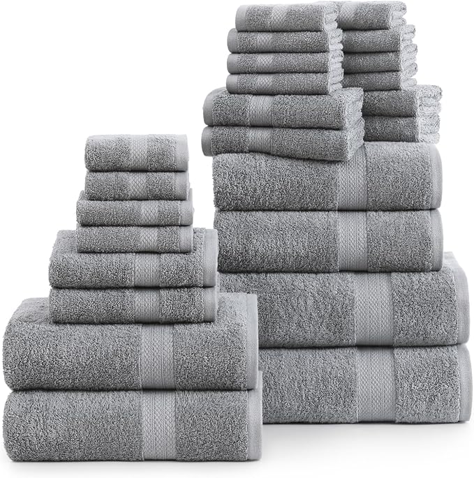 Lane Linen Complete 24 PCs Bath Towel Set For Family - 100% Ring Spun Cotton - Quick Dry, Soft & Absorbent Towels For Bathroom - Perfect for Kids, Guest & Everyday Use - Oeko Tex Certified -Space Grey