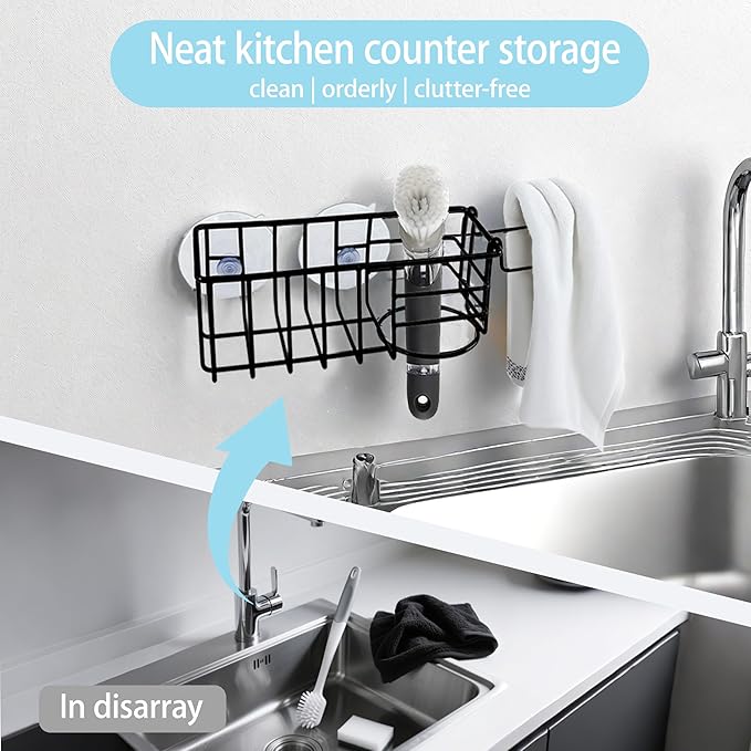 Sponge Holder with Dish Cloth Hanger for Kitchen Sink, In-sink Caddy Organizer with Suction Cups & Adhesive Strips, Rustproof Sponge Rack for Soap, Brush, Scrubber - Black（2 Pack）