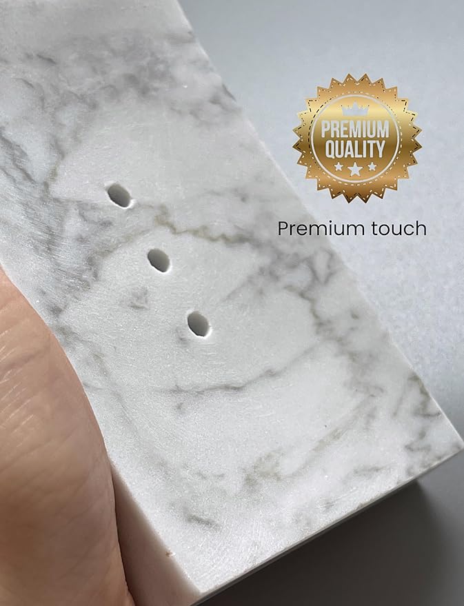 Real Marble Soap Dish - Soap Dish for Shower, Shower Bar Soap Holder, Marble Dish for Bathroom Kitchen, Decorative Stone Soap Dish (Calacatta White, Drainage Holes, Rectangular)