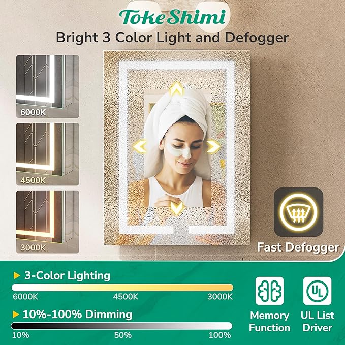TokeShimi 16x24 Surface Mount or Recessed Medicine Cabinet with Lights 3 Colors Dimmable, Led Medicine Cabinet Mirror with Outlet and Defogger,2-Side Front Lit Bathroom Mirror with Storage