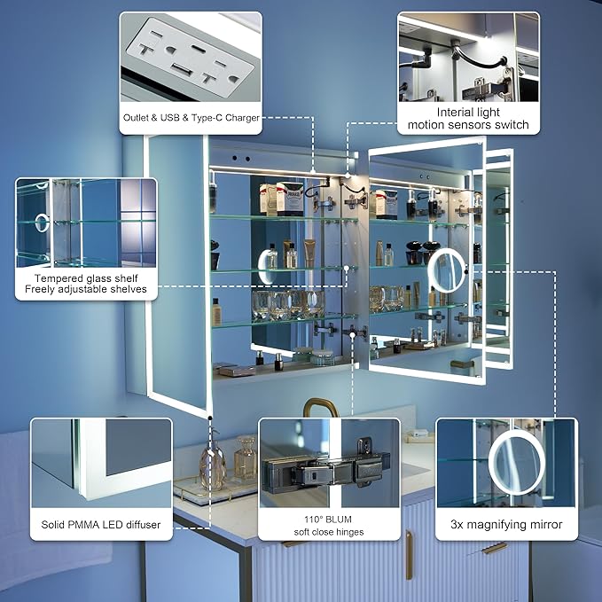 WELLFOR 48" X 30" LED Medicine Cabinet with Mirror, 3X Magnifiying Mirror Cabinet, Defogging/Dimmable Bathroom Mirrored Cabinet, Lighted Medicine Cabinet with Outlets & USB Ports, Three Doors