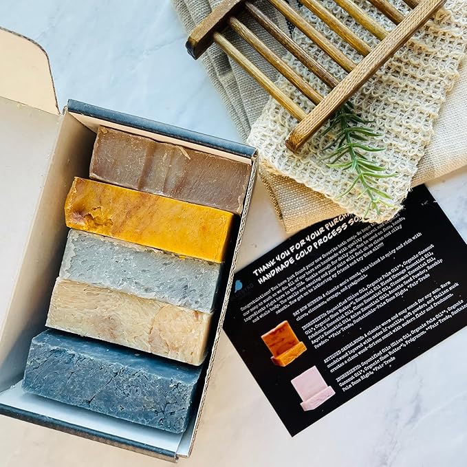 BLUEBYRD SOAP Men's Natural Bar Soap Gift Set (5 Bars) | Masculine Soap Bars Variety Pack - Bay Rum, Citrus Cedar Sage, Sandalwood, Frankincense, Exfoliating Pumice (Mens Original)