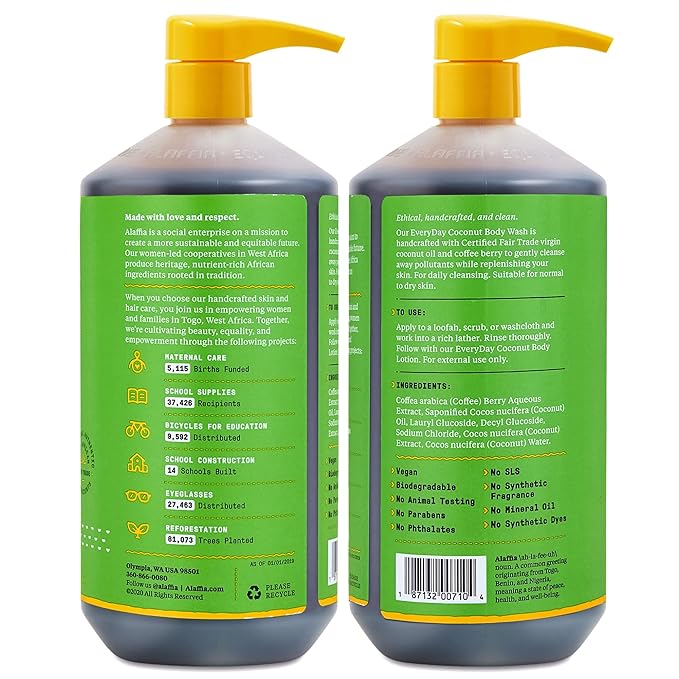 Alaffia Body Wash, Everyday Coconut – Moisturizing Soap with Nourishing Coffee Berry Extract & Coconut Water, Vegan & Cruelty-Free, 32 Oz