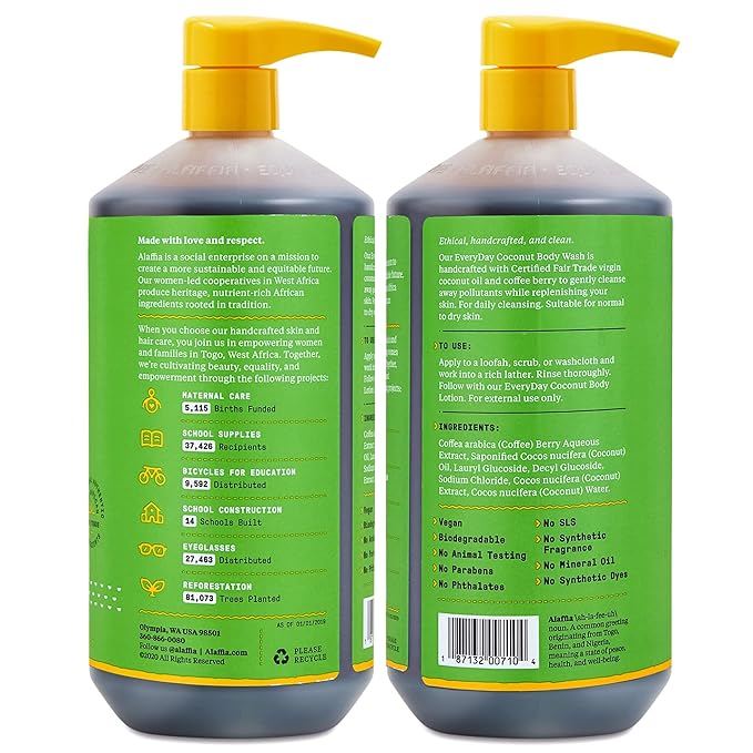 Alaffia Body Wash, Everyday Coconut, 2-Pack – Moisturizing Soap with Nourishing Coffee Berry Extract & Coconut Water, Vegan & Cruelty-Free, 32 Oz Ea