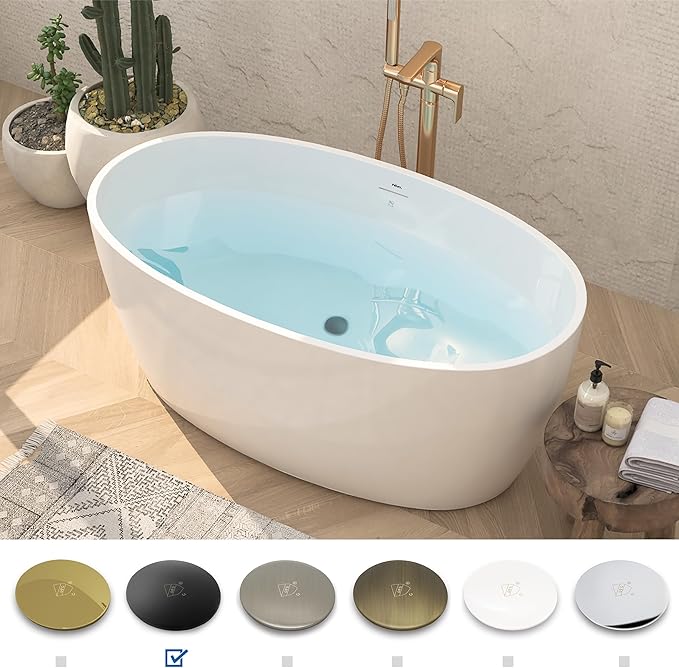 FerdY Tahiti 55" Acrylic Freestanding Bathtub, Elegant Oval Shape Soaking Bathtub, Glossy White, Matte Black Drain & Integrated Slotted Overflow Assembly Included cUPC Certified