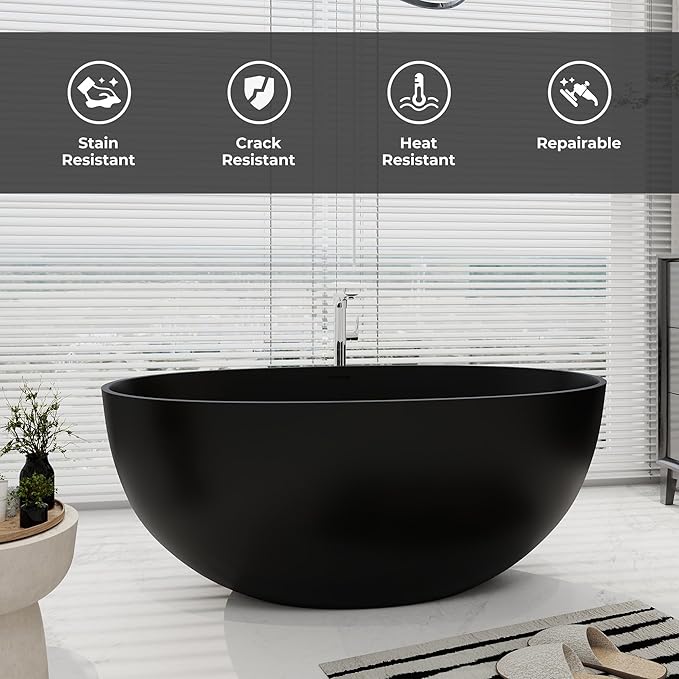 SJ STAR&JANE 55" Solid Surface Freestanding Bathtub, Stone Resin Oval Soaking Tub Matte Black Stand Alone Tub with Overflow and Pop-up Drain for Bathroom