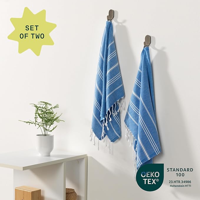 WETCAT Turkish Hand Towels with Hanging Loop, Set of 2 (20" x 30") 100% Turkish Cotton, Pre-Washed, Quick Drying, for Kitchen or Bathroom - Blue