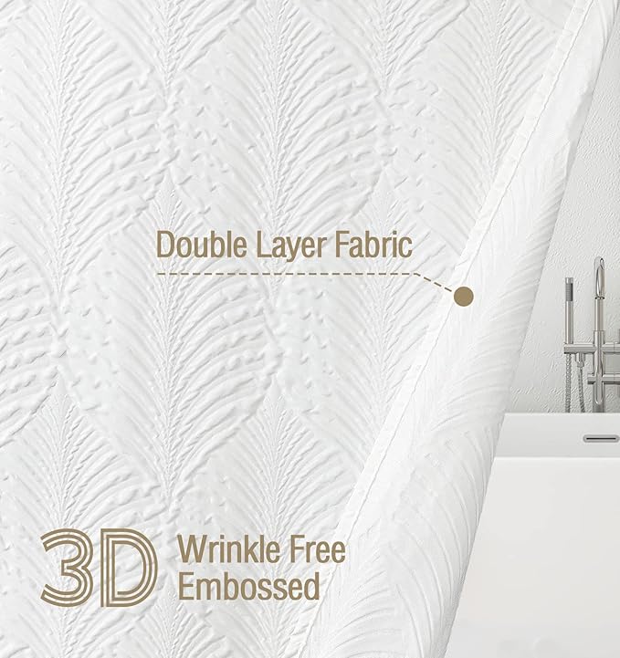 Gibelle Extra Long Shower Curtain 72 x 84, Tall 3D Embossed Textured White Fabric Shower Curtain, Modern Farmhouse Chic Soft Cloth Bathroom Curtains Shower Set with Hooks