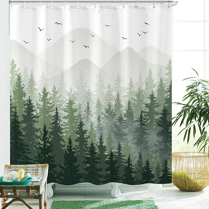 Aipon Green Misty Forest Shower Curtain Ombre Nature Tree Plants Shower Curtains Fabric Waterproof Mountain Shower Curtain Sets for Bathroom Bath Decor with 12 Hooks (Green, 72'' × 84'')