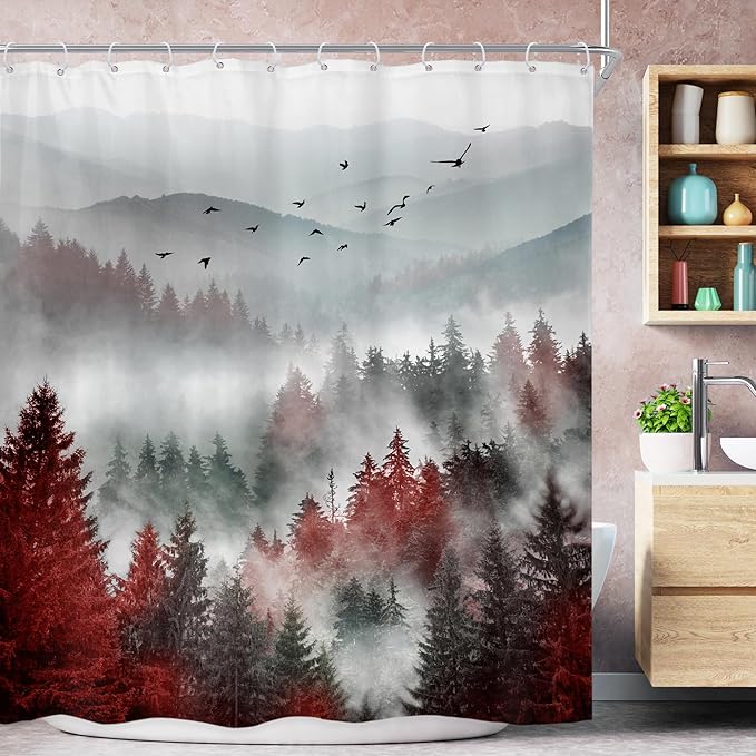 Riyidecor Red Black Mountain Shower Curtain 72Wx72H Inch Nature Scenery Foggy Pine Tree Scenic Woodland Cool Landscape Foggy Natural Mens Bathroom Decor Fabric Polyester Waterproof 12 Pack Hooks