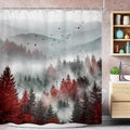 Riyidecor Red Black Mountain Shower Curtain 72Wx72H Inch Nature Scenery Foggy Pine Tree Scenic Woodland Cool Landscape Foggy Natural Mens Bathroom Decor Fabric Polyester Waterproof 12 Pack Hooks