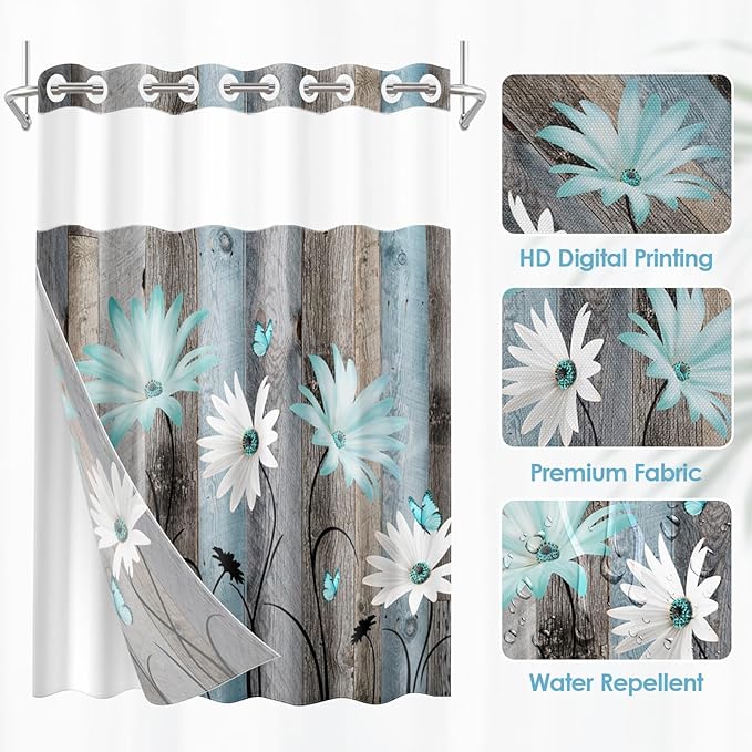 No Hook Rustic Farmhouse Shower Curtain with Snap in Fabric Liner Set, Teal Daisy Flowers and Butterfly on Wooden Double Layers Waterproof with See Through Top Bath Curtain 71x74 Inch