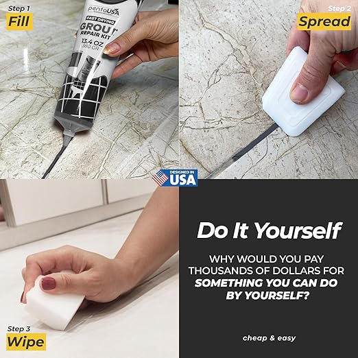 PentaUSA Tile Grout - Large Grout Filler Repairs Renews Tube, Fast Drying Grout Repair Kit, Odorless Formula - Grout Floater Included - 13.4oz / 380gr (Dark Grey)