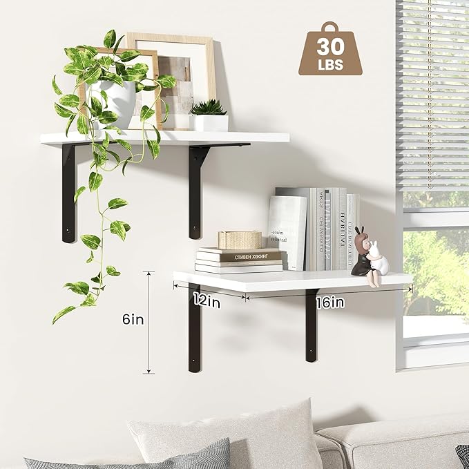 Fun Memories Floating Shelves for Wall, 12 Inch Deep Floating Shelves Set of 2, Wall Mounted Shelf with Metal Brackets, Rustic Wood Wide Shelf for Bathroom, Kitchen and Living Room, White, 16W x 12D