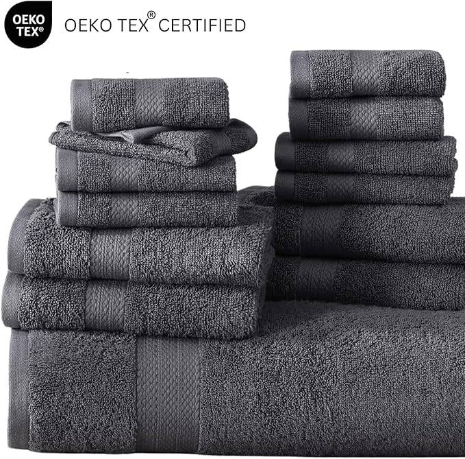 LANE LINEN 100% Cotton Bath Towels Set - 24 PCs - Durable, Quick Dry, Super Soft & Highly Absorbent - 4 Bath, 4 Fingertip, 6 Hand Towels, 8 Washcloths, 2 Bath Sheets - Perfect Family Set - Cool Grey