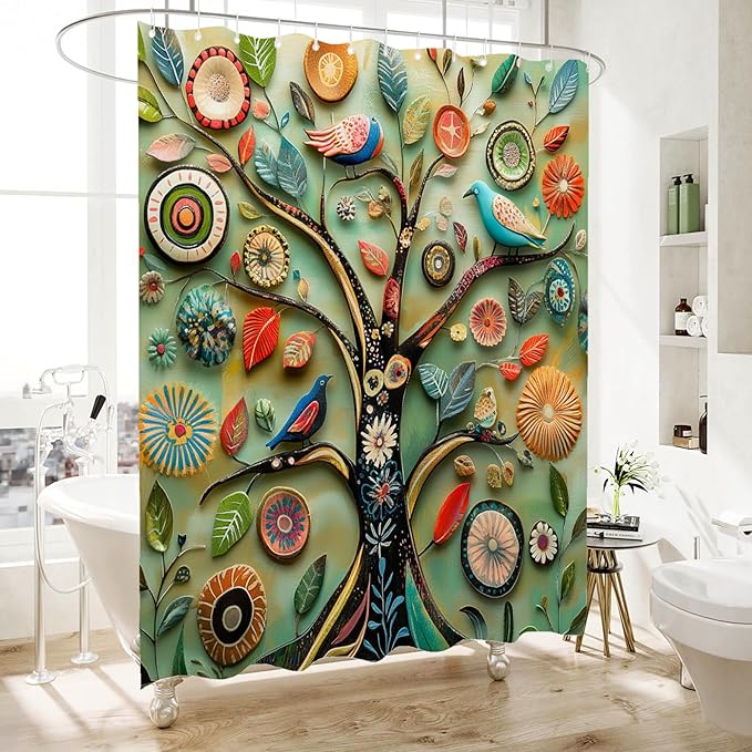 Bohemian Shower Curtain, Boho Floral Print Water Repellent Polyester Fabric for Bathroom Decor, 72×72 Inch Standard Size with 12 Hooks, Also as Room Divider
