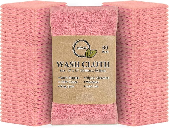 Softolle 100% Cotton Washcloths 24 Pack (12x12 Inches) Soft, Highly Absorbent Washcloth, Face Towels, Wash Cloths for Face, Ring Spun, Bulk Pack (Pink, 60 Pack)