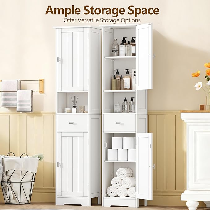 Akxoml Tall Bathroom Storage Cabinet with 2 Doors, 67" H Narrow Floor Cabinet with Adjustable Shelves and Drawer, Anti-Tip Design, 11.8 x 12.6 x 66.9 Inches, for Bathroom, Kitchen，Entryway, White