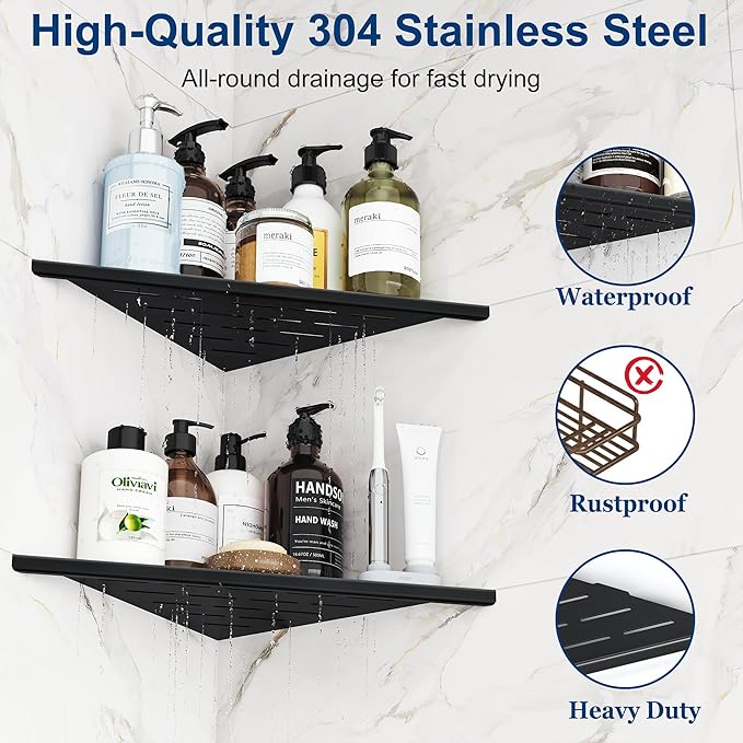 Corner Shower Shelves, 12” Recessed Tile Shower Shelf, 304 Stainless Steel Grout in Corner Tile Shower Shelves, No Drilling, Matte Black, 2 Pack