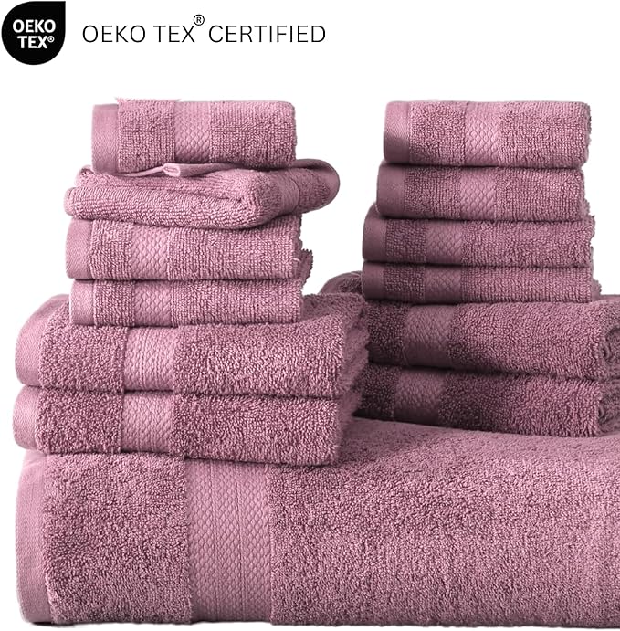 LANE LINEN 100% Ring Spun Cotton Bath Towel Set, 18PCs - 4 Shower Towels, 8 Washcloths, 6 Hand Towels for Bathroom - Sustainably Produced, Ultra Soft & Highly Absorbent - Wistful Mauve