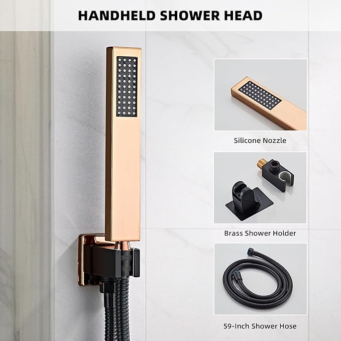 Shower Faucet Set, Matte Black and Rose Gold Rainfall Shower System Complete Wall Mounted for Bathroom with 10 Inch Square Shower Head and Handheld Shower Head Rain Mixer Combo Set