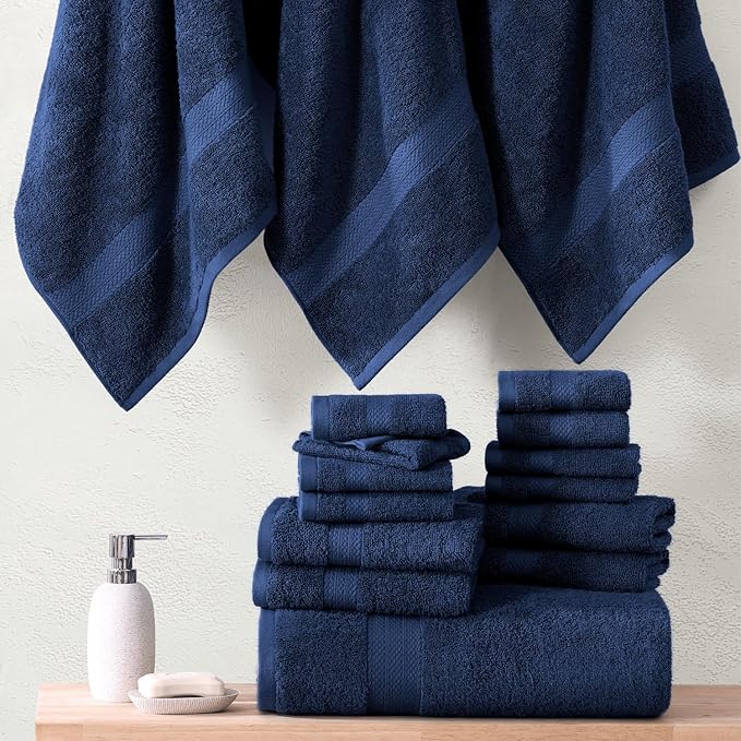 LANE LINEN 24 PCs Bath Towel Set - 2 Bath Sheets, 4 Bath Towels, 4 Fingertip, 8 Washcloths, 6 Hand Towels - 100% Ring Spun Cotton - Highly Absorbent Towels for Bathroom, Gym, Hotel & Spa - Navy Blue