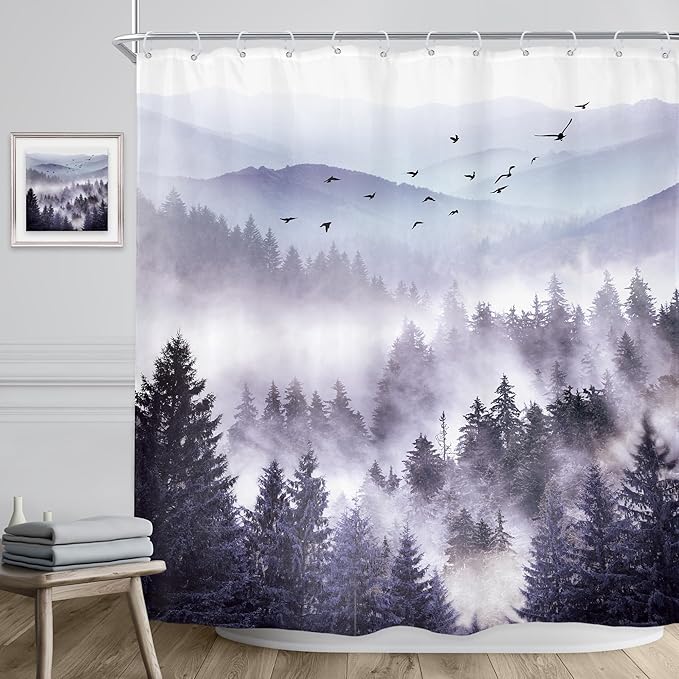 Riyidecor Purple Mountain Shower Curtain 72Wx72H Inch Nature Scenery Landscape Rustic Pine Tree Misty Foggy Mountain View for Mens Natural Bathroom Decor Fabric Polyester Waterproof 12 Pack Hooks