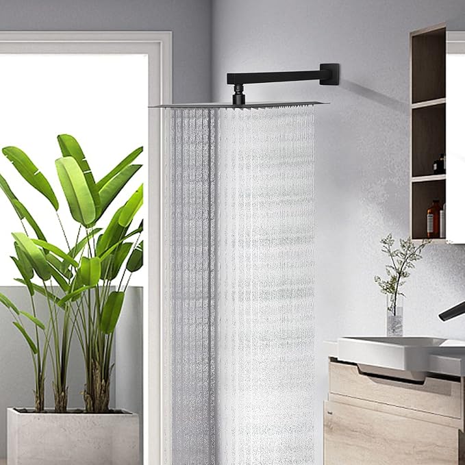 HarJue Shower Arm, Rain Shower Head Extension Extender, With Flange and Teflon Tape, Made of Thicken Stainless Steel for Bathroom Rainfall Shower (16 Inch, Matte Black)