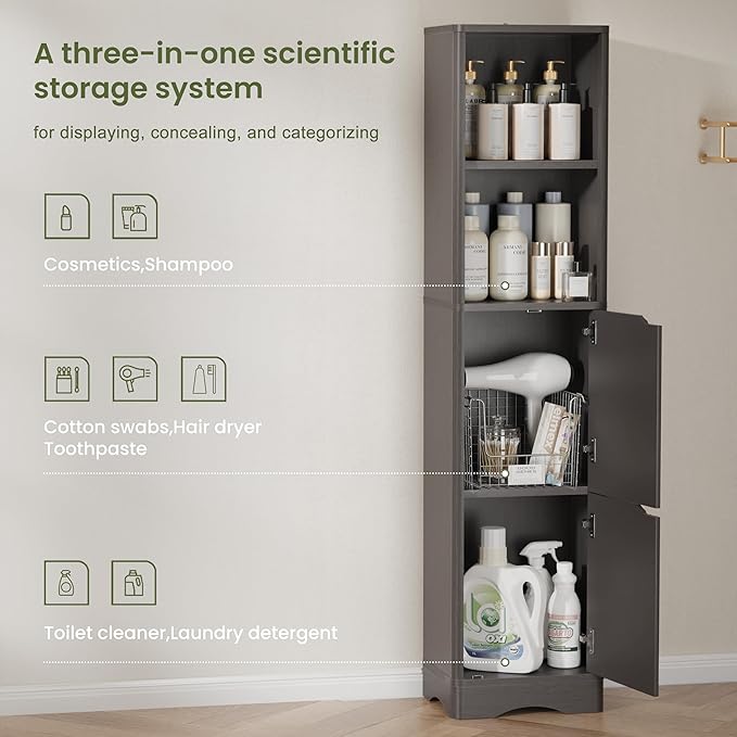 67" Tall Bathroom Organizer and Storage, Narrow Storage Cabinet with 2 Doors and 4 Shelves, Freestanding Floor Storage Unit,15.7" W x 11.8" D x 66.9" H, Grey