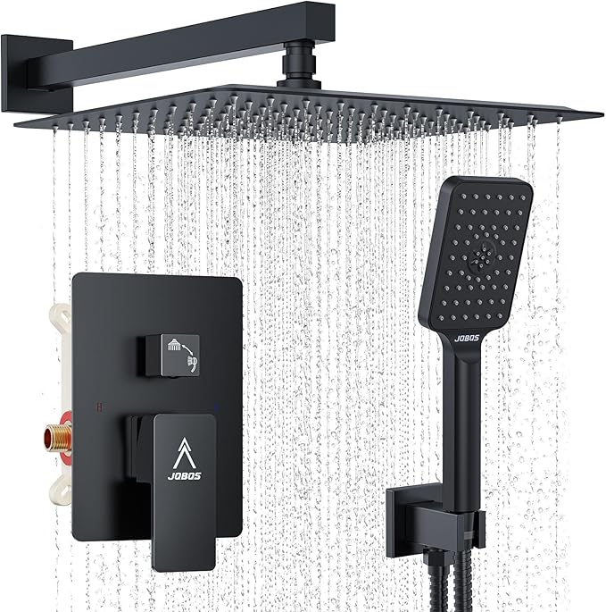 Shower System Modern Rain Brass Faucet Set With Valve and Diverter Shower Mixer With Handheld High Pressure Square Rainfall Shower Valve (12'' Wall Mount, Matte Black)