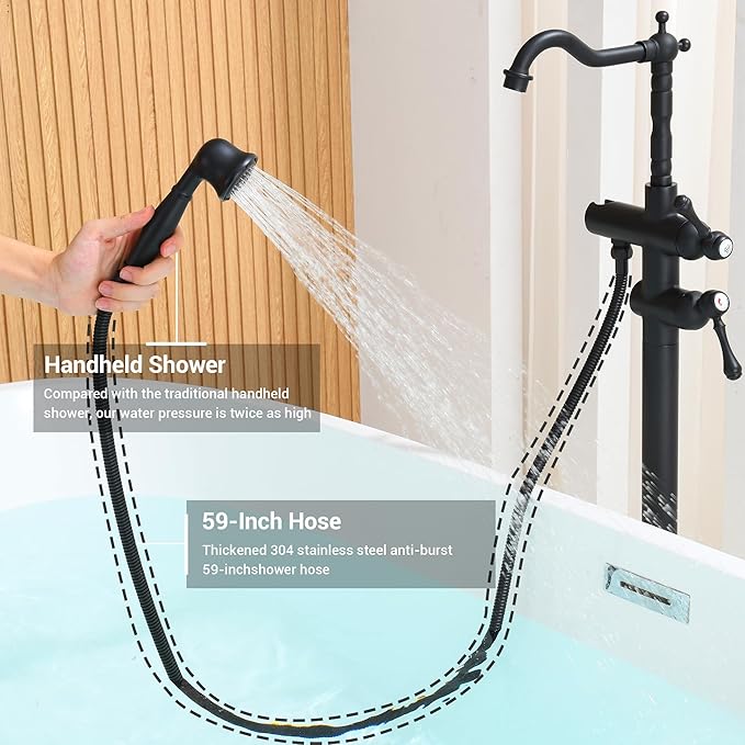 Freestanding Tub Faucet Sets, JetsBath Floor Mount BathTub Filler with 360° Swivel Spout & Handheld Sprayer, Matte Black Floor Mount Bathtub Faucet Single Handle with Supply Hose