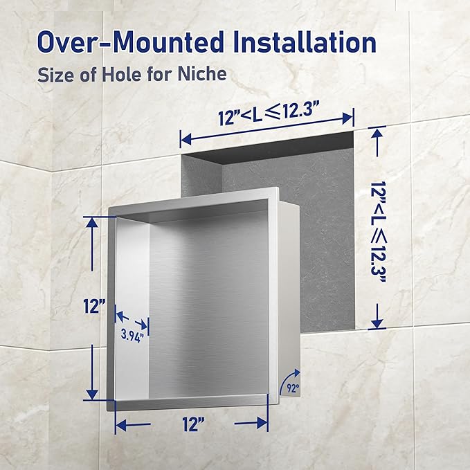 Stainless Steel Shower Niche 12" X 12" Brushed No Tile Needed Niche Shower Recessed Wall Niches for Bathroom Storage Over Mount Installation