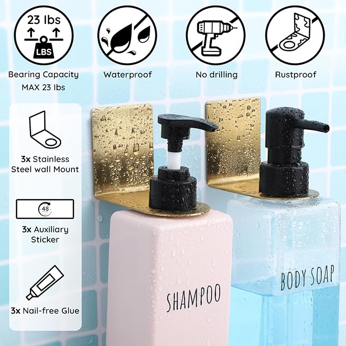 Segbeauty Stainless Soap Bottle Dispenser Holder,Pack of 3 Dia 1.1in 2.8cm Drill-Free Dispenser Holder Wall Mounted Rack, Adhesive Wall Mount Bottle Holder for Bathroom Toilet Kitchen Gold
