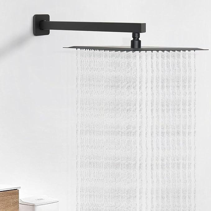 HarJue Shower Arm, Rain Shower Head Extension Extender, With Flange and Teflon Tape, Made of Thicken Stainless Steel for Bathroom Rainfall Shower (16 Inch, Matte Black)