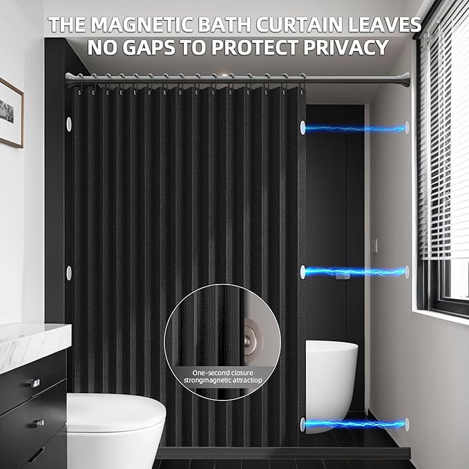 Bathroom Magnetic Folding Shower Curtain, Accordion-Style Shower Curtain, Suitable for Shower Rooms, bathtubs, Hotels or Apartments (Black, W:70*H79.5Inch)