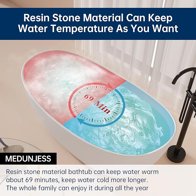 55'' High-back Freestanding Solid Surface Resin Stone Bathtub, Freestanding Tub, Contemporary Design Stand Alone Tub with Pop-up Drain and Overflow, Matte White (Oval)