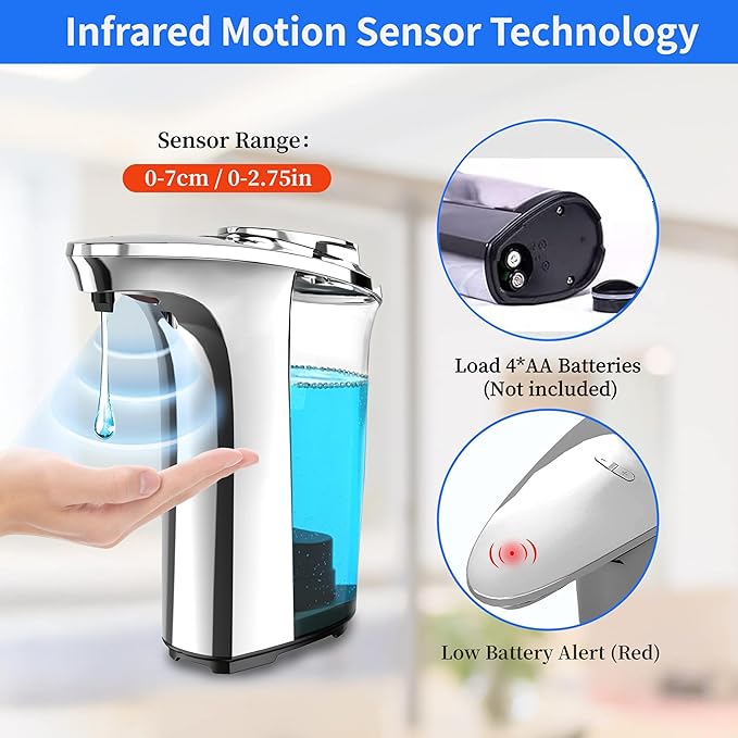 Automatic Soap Dispenser, Touchless Sensor Hand Soap Dispenser 17oz/500ml Silver, Adjustable 5 Dispensing, Refillable Reservoir, Battery Powered for Kitchen & Bathroom