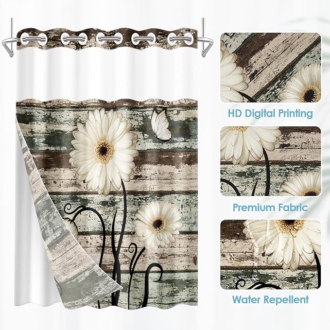 No Hook Vintage Flower Shower Curtain with Snap in Fabric Liner Set, Daisy Wooden Boards Double Layers Waterproof Fabric with See Through Top Window Open Grommet Bath Curtain 71x74 Inch