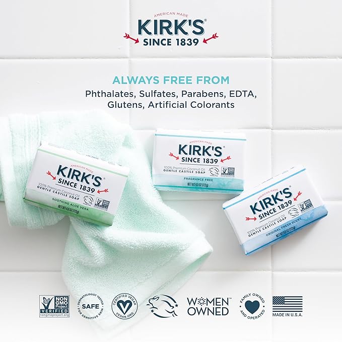 Castile Bar Soap by Kirkâ€™s | Clean Soap for Men, Women & Children | Premium Coconut Oil | Sensitive Skin Formula, Vegan | Fragrance-Free/Unscented | 4 oz. Bars - 4 Pack