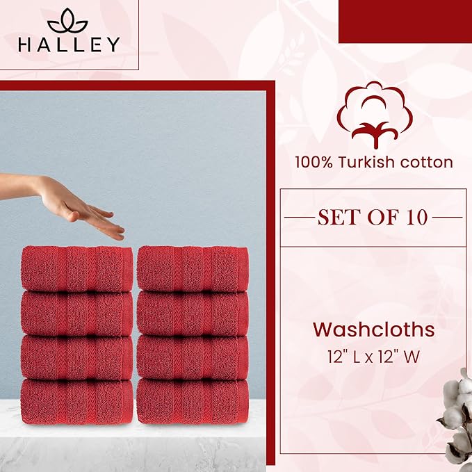 HALLEY Turkish 8 Pack Premium Washcloths (8 Pieces) 650 GSM Highly Absorbent Super Soft 100% Cotton - 8 Washcloths (Red)