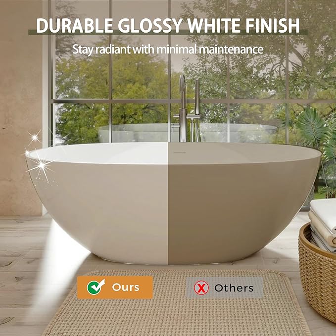 Abruzzo 65" Glossy White Freestanding Solid Surface Bathtub, Luxury Handcrafted Stone Resin Freestanding Soaking Bathtub with Overflow and Pop-up Drain