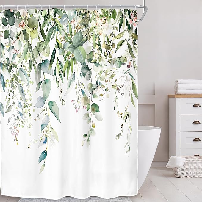 Riyidecor Small Green Eucalyptus Leaves Shower Curtain for Bathroom Decor 54Wx78H Single Standing Plants Watercolor Floral Rustic Botanical Art Printed Fabric Polyester Waterproof 12 Pack Plastic